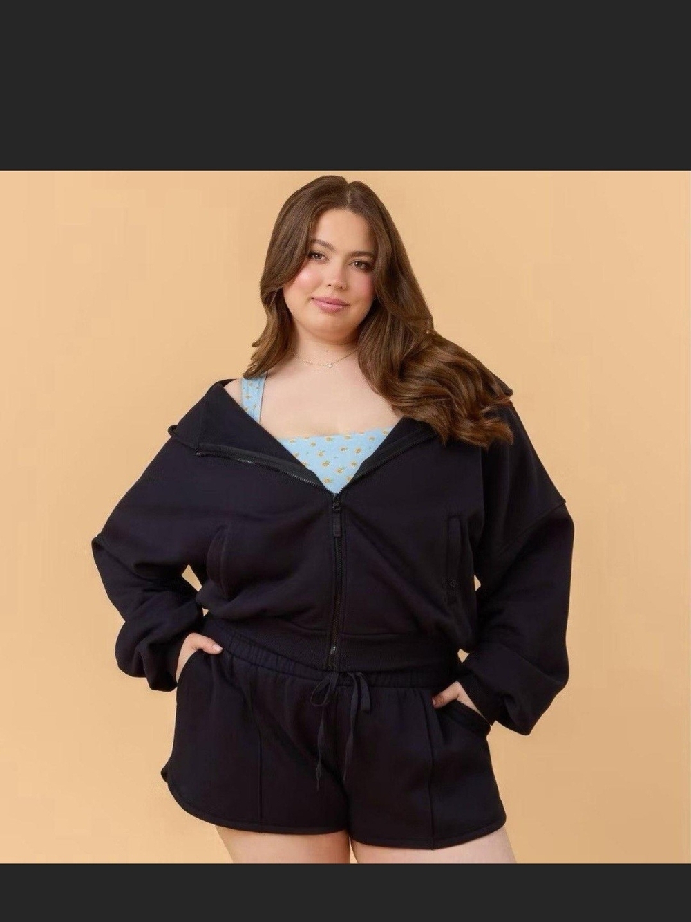Plus-Size Black Zip Hoodie with Matching Shorts Set